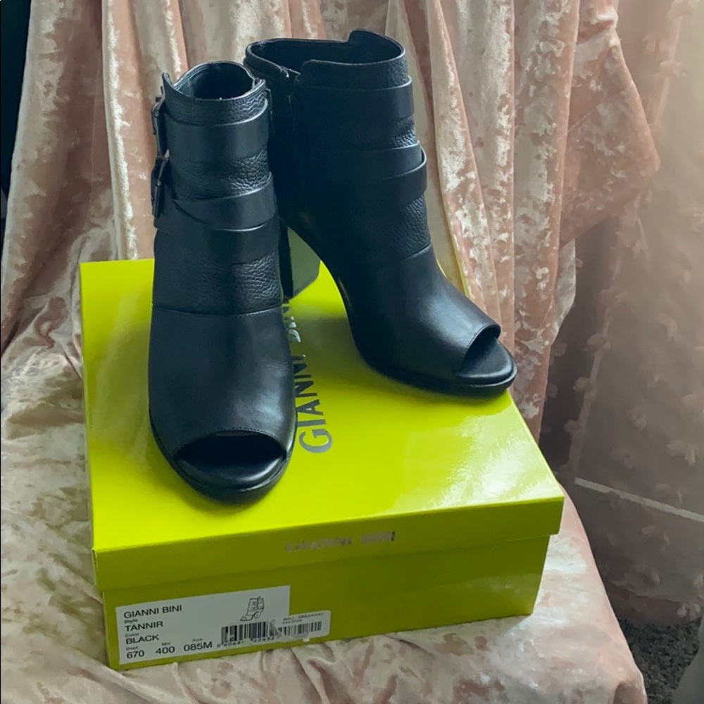 Ladies Black Leather Peep Toe Bootie- Size 8.5